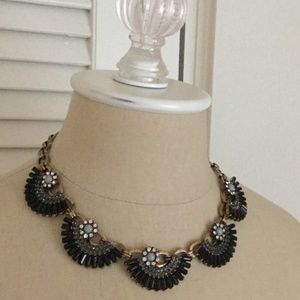 Onyx Fan Statement Antique Gold Necklace Black NEW